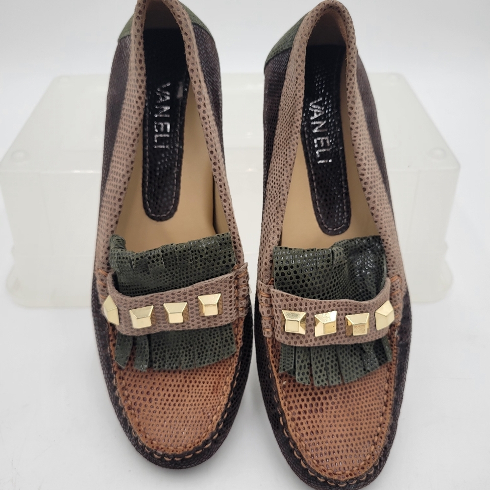 Van Eli Loafer Brown Green Faux Snakeskin Styled in Italy Size 6.5 Gold Accents